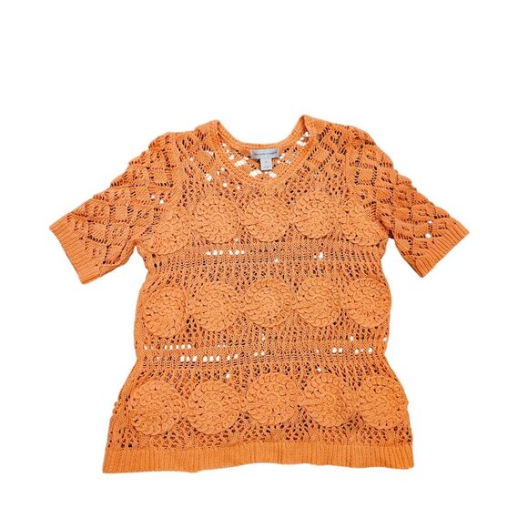 Vtg Christopher & Banks Crochet Sweater Womens M Orange Bohemian Cottage Beach - Picture 1 of 9